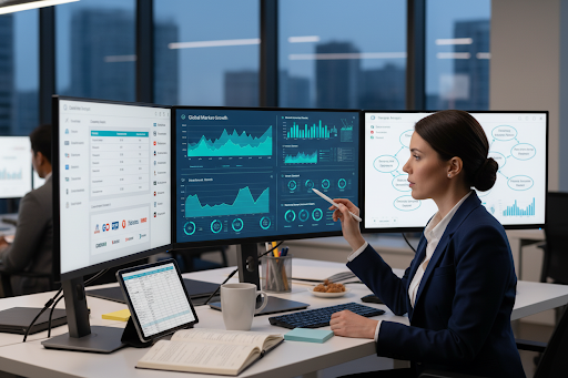 Business analyst researching market trends